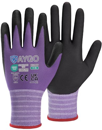 KAYGO 3 paires de gants de travail, enduits de nitrile antidérapants et résistants à l'abrasion en nylon tricoté sans couture pour atelier de montage de voiture (Violet, S, taille 7)