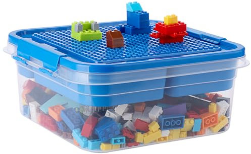 OGA Plastic Storage Container with Bricks Baseplate Lid for Building Blocks, Bricks Building Set Organization Bin with Compartments Tray, Stackable Storage Box Building Block Chest Case (Blue)