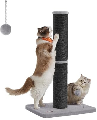 Feandrea Cat Scratching Post, 85 cm Tall Cat Scratcher for Medium and Large Cats, Furniture Scratching Deterrent Sisal Scratch Pole, Spring Pompom with Built-in Bell, Ink Black PCA041B01