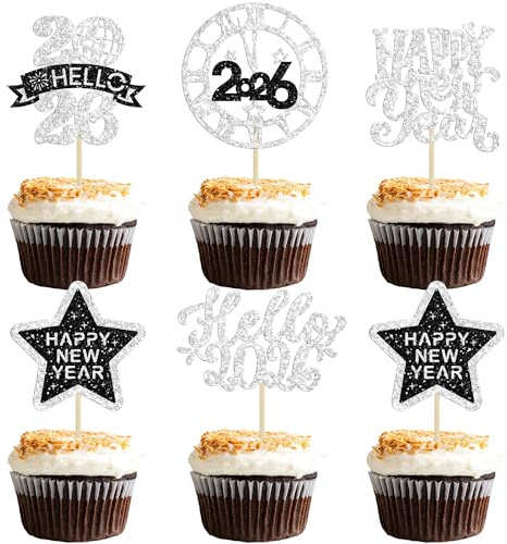 Gyufise 30Pcs Happy New Year 2026 Cupcake Toppers Hello 2026 Cupcake Picks Cheers to 2026 Midnight Clock Fireworks Hello 2026 Cake Decorations for 2026 Happy New Year Eve Party Supplies Silver