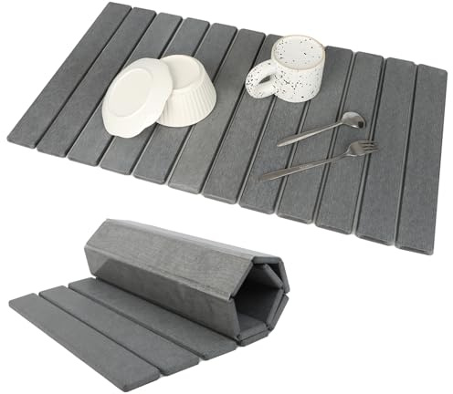 Extra Large Stone Dish Drying Mat for Kitchen Counter, 28×16 Eco-friendly,Instant Drying Pad,Diatomaceous Earth Water Absorbing Mat, Foldable and Super Absorbent Dish Drying Stone Mat, Dark Gray