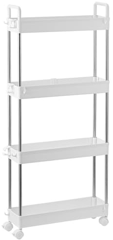 4-Tier Slim Storage Trolley Slide Out Rolling Utility Shelf Rack Storage Cart on Wheels Mobile Shelving Space Organizer for Kitchen/Bathroom/Laundry Room/Office,Plastic & Stainless Steel (White S)