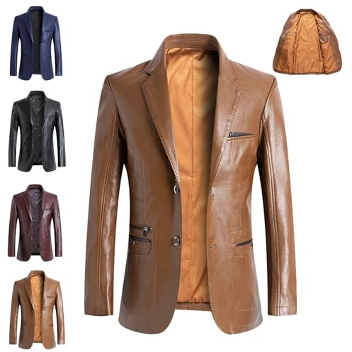 WINDEHAO Men's Leather Blazer Real Lambskin Casual Lapel Fit 2 Button Jacket, Slim Business Suit Blazers Smart Motorcycle Biker Jacket (brown,XL)
