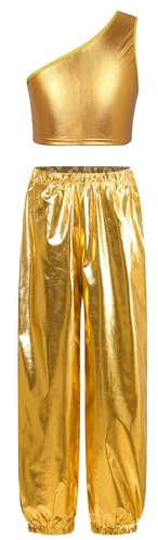 MSemis Completi Sportivi da Danza Moderna Jazz Hip Hop Bambine Ragazze Tute da Ginnastica Ballo di Strada Crop Top Monospalla Paillettes Canotte + Pantaloni con Cintura Oro A 9-10 Anni
