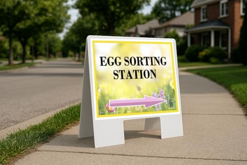 Egg Sorting Station Spring Flowers Yellow Field Directional Arrows A-Frame Double Sided 23x23 in. sign