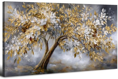 Cuadro Árbol de La Vida Dorado 50.8 x 101.6 cm, Arte en Lienzo Árbol Moderno Blanco y Gris, Pintura Vintage para Sala de Estar Dormitorio Comedor Cocina, Decoración Pared Hogar Elegante Sofisticado