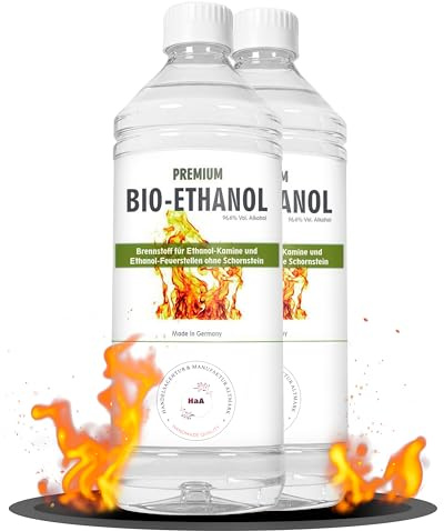 HaA Bioethanol 96,6% Premium 2 x 1L – Für Bioethanol Kamin & Tischfeuer Indoor – Bio Ethanol für Tischkamin Indoor & Outdoor - Geruchsarm & rückstandsfrei – aus nachwachsenden Rohstoffen