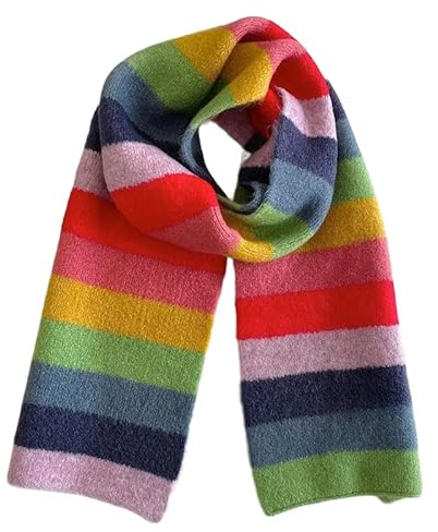Kashmirscarf， 160 * 20 cm blå beige söt regnbågsrandig ullhalsduk vinterhalsduk(Rainbow)