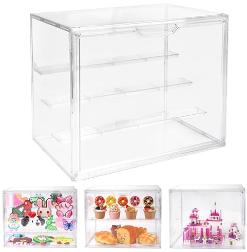 JelyArt Akrylmonter 3 nivåer – transparent dammtät displaylåda med 20 klämhållare och nanotejp för strykpärlor, actionfigurer, samlarfigurer, blindlådor – 36 x 27 x 22 cm