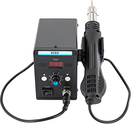 Stazione Saldatura Aria Calda 858D, Pistola Dissaldatura SMD BGA Temperatura Regolabile 100-500 Gradi, Display LED 3 Ugelli Turbina Silenziosa, Riparazione PCB Elettronica Spina EU, 120L/Min