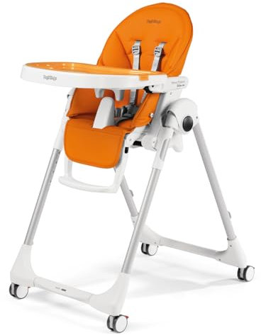 Peg Perego Prima Pappa Follow Me - Arancia - Hochstuhl mit Baby-Liegefunktion und 4 Doppelrollem mit Bremsen, Lederimitat-Bezug, orange