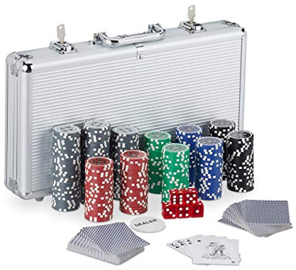 Relaxdays Valigetta Poker, 300 Chips Laser, 2 Mazzi di Carte, 5 Dadi, Dealer, Richiudibile & Portatile,Alluminio,Argento