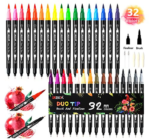 ZSCM Pinselstifte, 32 Farben, mit Aquarell-Marker, feine Spitze, Fineliner für Erwachsene, Malbücher, Bullet Journal, Kalligraphie und Zeichnungen, Illustrationen, Skizzen…