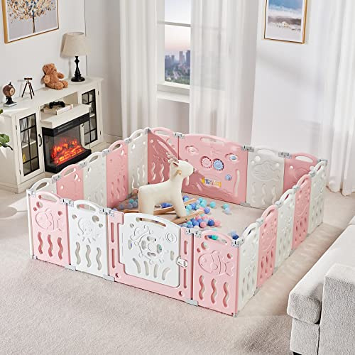 Albott Baby Playpen, Upgraded 18 Panels Foldable Baby Fence with Game Panel and Safety Gate, Adjustable Shape, Portable Play Yards for Children Toddlers Indoors or Outdoors (White+Pink, 18 Panel)