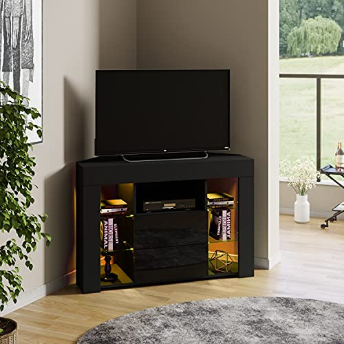 Panana Corner TV Stand Cabinet Sideboard 2 Storages 4 Glass Shelves With RGB LED Lights 16 colors for choose (Black)