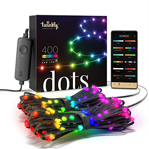 Twinkly Dots 20m, Striscia LED Multicolore per Esterno e Interno, Striscia LED RGB Flessibile, Compatibile con Alexa e Google Home, IP44, 16M+ Colori, Controllato da App, Filo Nero, 400 LED