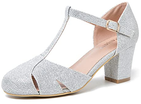 Women's T-Strap Block Heel Pumps, Ankle Buckle Closure, Classic Cut Out Round Toe Dress Shoes, Glitter Silver, 10 UK