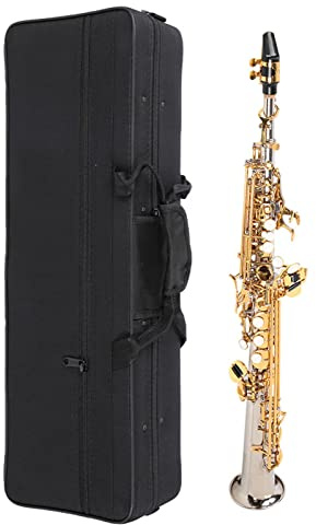 Saxofón Oumefar Latón 64 × 24 × 16 Saxofón Recto Soprano Profesional de Latón Tubo Plateado Saxofón con Llave Dorada con Bolsa de Transporte