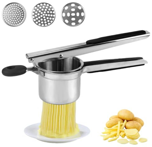 Kartoffelpresse Dicke Version, Kartoffelstampfer Edelstahl, Spätzlepresse, Spaghettieispresse, mit 3 Austauschbare Sieb, für Gepresster Kartoffelbrei, Gemüsepürees, Säfte