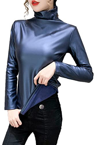 T-shirt à col roulé pour femmes solide manches sac à dos chemisier en cuir chemises décontractées Towns long et fin chemisier femme chemise noire, Z1229a-bleu, L