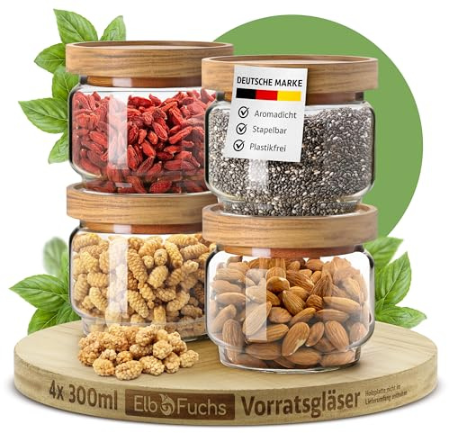 ElbFuchs® Set Barattoli per Conservazione con Coperchio 300 ml (4 Pezzi) in Vetro Borosilicato, Barattoli Ermetici, Set Contenitori in Vetro per Spezie e Alimenti