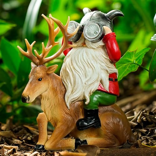 VChymm Garden Gnome Statues Resin Gnome Sitting On Deer Statues Solar Lights Outdoor Telescope Gnome Gifts for Yard, Patio Decor Gift (Deer Gnome)