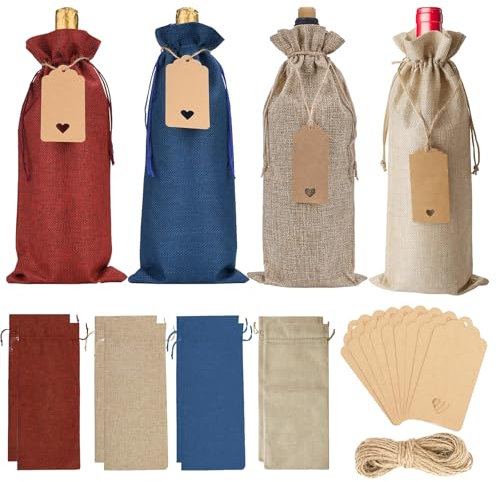12 Stück Jute Weinbeutel Weintasche, Geschenkbeutel aus Sackleinen Wiederverwendbar Weinbeutel mit Kordelzug und Anhänger Weinflaschen Verpackung Geschenktüten für Hochzeit Party