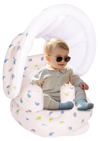 AirSwim Uppblåsbar barnstol för baby 3 månader och uppåt, uppblåsbar babystol med avtagbar baldakin och inbyggd pump, uppblåsbar stol för baby utomhus