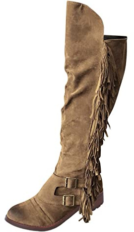 Botas vaqueras con flecos para mujer, botas largas casuales retro por encima de la rodilla, botas de agua de pantorrilla ancha, botas Wellington, botas de gamuza de gran tamaño, botas de senderismo al