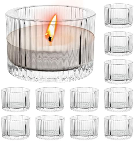 DAJAVE 24 Pcs Tealight Holders, Ribbed Tea Light Candle Holders Glass Tea Light Holder for Wedding, Christmas, Thanksgiving, Birthday, Table Decoration