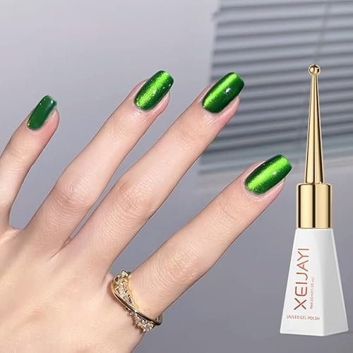 Dark Green Cat Eye Gel Nail Polish Green Magnetic Gel Nail Polish Soak off UV/LED Crystal Cat Eye NailPolish for Nail Art Manicure Salon DIY at Home