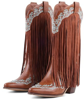 LingxiaUne Women's Cowboy Boots Fringe, Mid Calf Cowgirl Boots with Intricate Green Embroidery, Studded Details & Chunky Heel