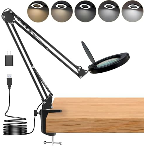 Lámpara de escritorio con lupa de 15X con abrazadera, lente de cristal real, 84 LED, 5 modos de color regulables, lupa de lámpara LED con cubierta antipolvo, cargador USB, paño limpio, regalo ideal
