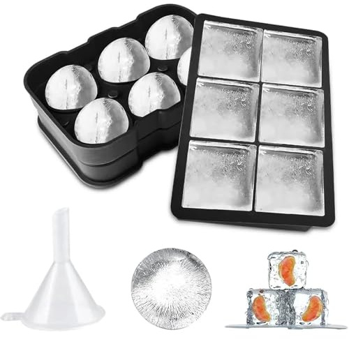 Crynvor Juego de 2 bandejas para cubitos de hielo con forma de esfera con tapa y moldes cuadrados grandes para cubitos de hielo para whisky, cócteles y caseros