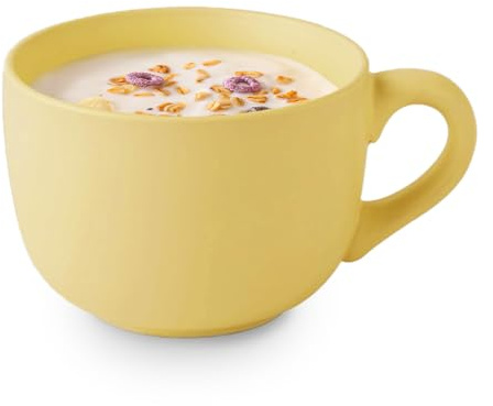 McBecdy Stor tekopp – 700 ml jumbokopp – kaffekopp stor keramik med sked – soppskål med handtag – XXL stora koppar för mjölk, flingor, frukt, kaffe – lämplig för mikrovågsugn (matta äggula)