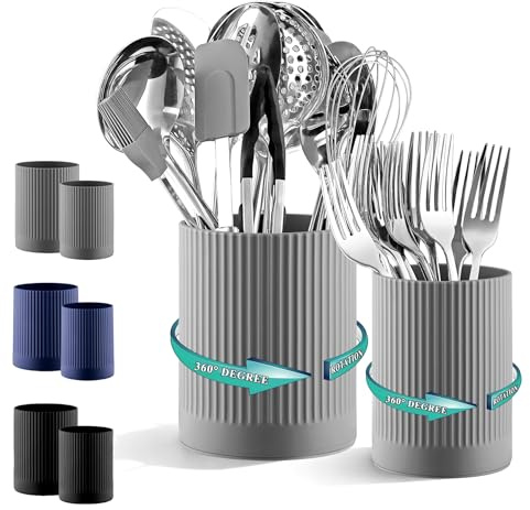 Kyraton Set de 2 Porte-Ustensiles de Cuisine, Rotatif 360° – Extra-Large en Plastique pour Comptoir + Petit Récipient pour Couverts, Brosses à Dents, Stylos & Crayons de Bureau.