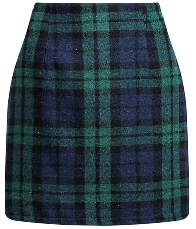 Rutiga kjolar för kvinnor vintermode hög midja bodycon-kjol mini A-linje stretch ullkjolar dam rutig minikjol, gRÖN, XL