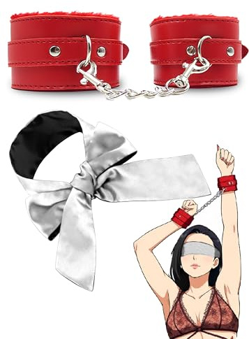 Fluffy Handcuffs for Grownups Soft Wrist Faux Leather Handcuff and Black Satin Eye Mask for Women 59