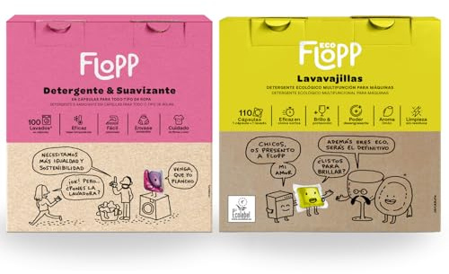 Flopp - Pack Lavavajillas Ecológico EU Ecolabel 110 Cápsulas + Detergente y Suavizante 4 en 1 100 Cápsulas | Limpieza Sostenible para Vajilla y Ropa | Vegano y Biodegradable