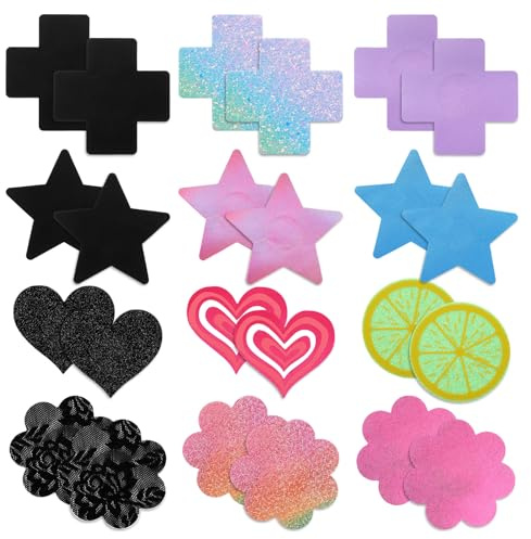 Hadnves 12 par glitter pasties pack rave bröstvårtor klistermärken självhäftande bröstvårtor skydd osynliga och tunna för kvinnor och flickor korsform glitter kronblad pasties flera design