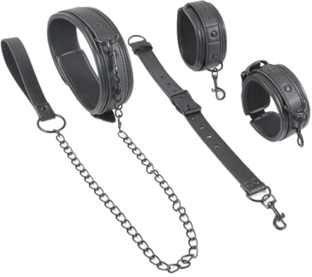 Handbojor för både män och kvinnor (SECC13) (Black) | med läderremmar, kopplade till handbojorna, kopplingsband för vuxna