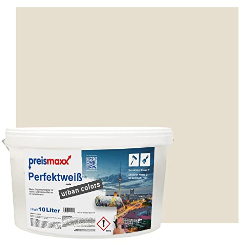 Preismaxx Perfektweiß Wandfarbe beige matt 10L - Innenwandfarbe für kreative Wandgestaltung, Innenfarbe graubeige, hohe Deckkraft Klasse 2, Trendfarbe für Wohnzimmer, bunte Akzentfarbe