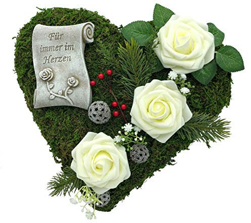 Grabgesteck Grabschmuck Grabaufleger Moosherz Grabherz Trauerherz Grab Herz Gesteck Rosen mit Schriftrolle Für Immer im Herzen (Rosen Weiß)