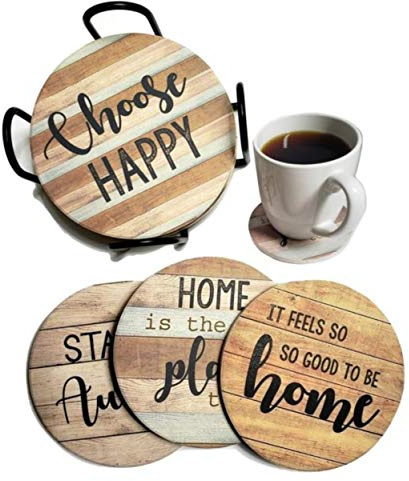 PANCHH Rustic Farmhouse Stone & Cork Coasters for Drinks, Absorbent - Set of 6 Coasters with Holder - Best Housewarming Gifts for New Home Ideas - Cute Kitchen and Coffee Table Décor & Accessories