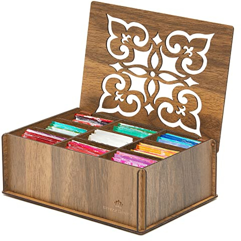 RoyalHouse Premium Wood (Hard MDF) Tea Storage Box Organizer (Walnut), Eco-Friendly Multi-Functional Decorative Box, 9 Compartments For Assorted Variety Of Tea Bags and Small Items