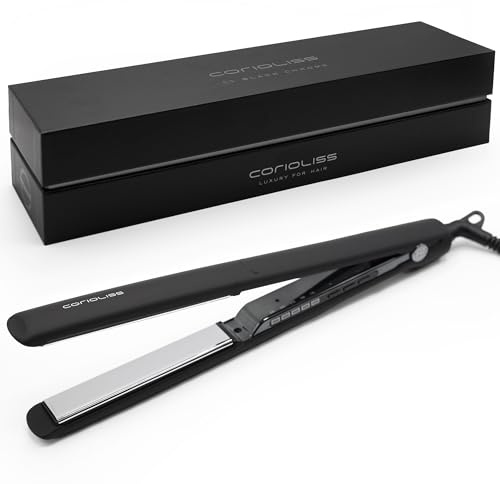 Corioliss C3 | Plancha del pelo Profesional | Placas extralargas de titanio | Alisado y Ondas | Temperatura ajustable 135º-235º | Calentamiento 20 seg | Con funda de Viaje | Black Chrome