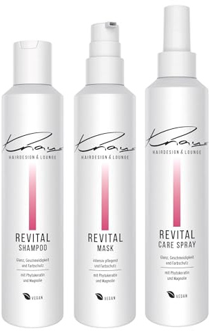 Knaus Hairdesign REVITAL 3er Set – Shampoo, Maske & 2- Phasen Leave-In Spray für coloriertes Haar | Mit Phytokeratin & Magnolie | Strahlkraft & Farbpflege | Geschmeidigkeit, Glanz & Farbschutz
