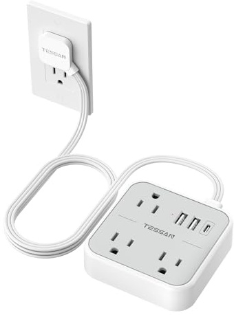 TESSAN Ultra Thin Flat Extension Cord 5 FT, Slim Power Strip with USB Ports (1 USB C), Surge Protector Flat Plug Wall Charger with 3 Outlets for Office, School, Dorm Room Essentials