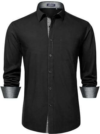 HISDERN Camisas Hombre Manga Larga Camisa Casual Hombres Formal Camisas de Vestir Slim Fit Shirt Negro Gris 3XL