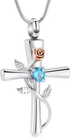 VCCWYQK Collier urne funéraire en forme de croix pour femme - Pierre de naissance - Fleur de rose - Bijoux de crémation pour femmes et filles - Pendentif souvenir (bleu clair)